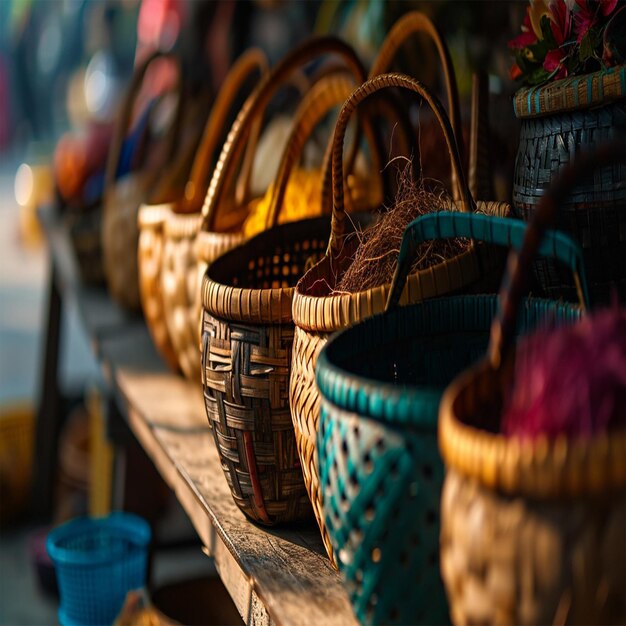 a row of wicker baskets with a blue cup on the side