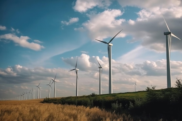 Row of wind turbines in the field Green energy green electricity