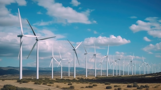 Row of wind turbines in the field Green energy green electricity