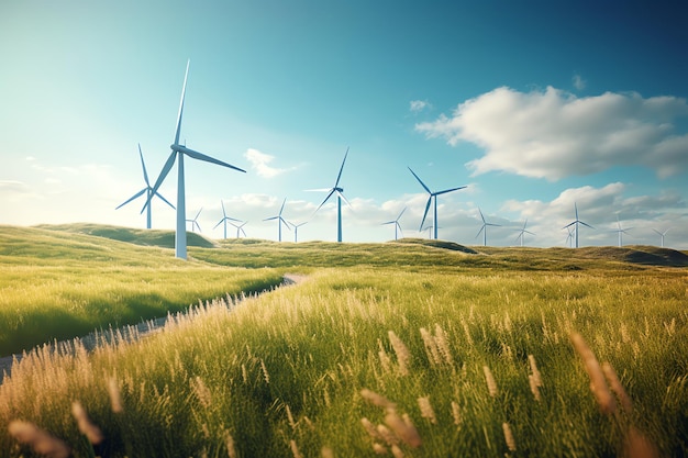 A row of wind turbines in a field with a blue sky and clouds.