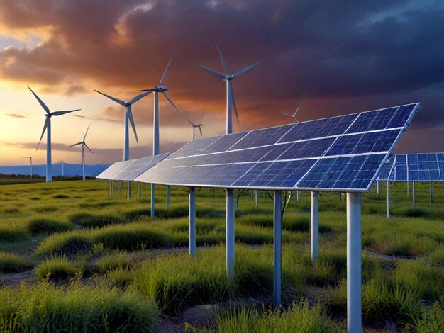 a row of wind turbines in a field with the sun setting behind them