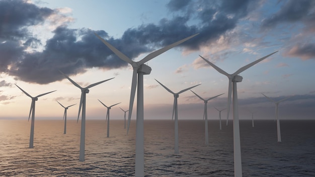 A row of wind turbines in the ocean.