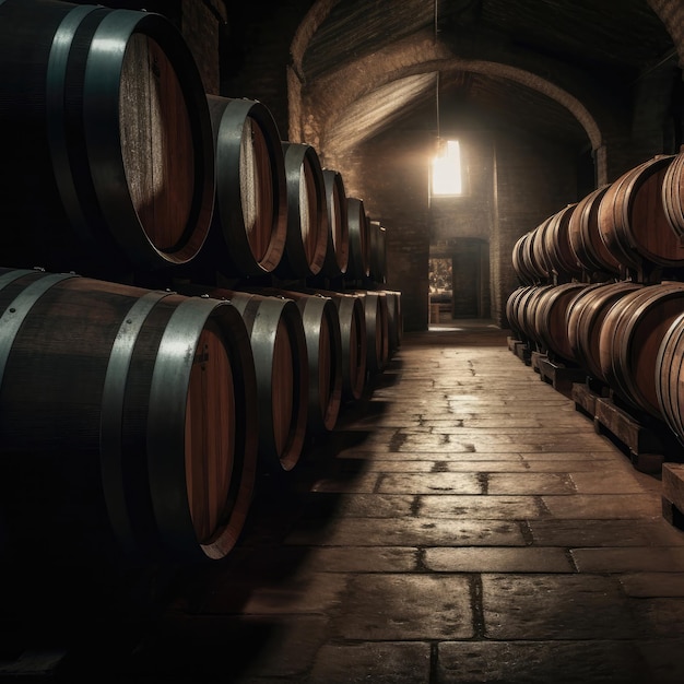 Row Of Wine Barrels Aging In Dark And Cool Cellar Generative AI