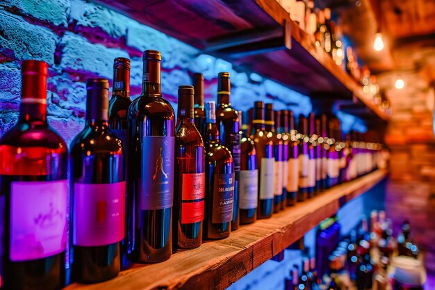 Row of wine bottles on shelf with blue light illuminating them