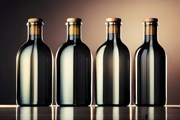 a row of wine bottles with gold caps.