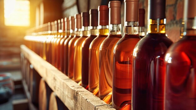 Row of Wine Bottles on Wood Shelf