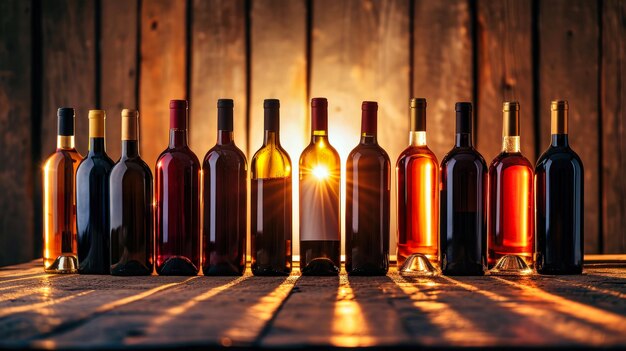 Photo row of wine bottles on wooden table