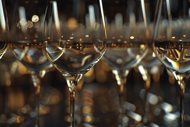 a row of wine glasses with a diamond ring on the bottom