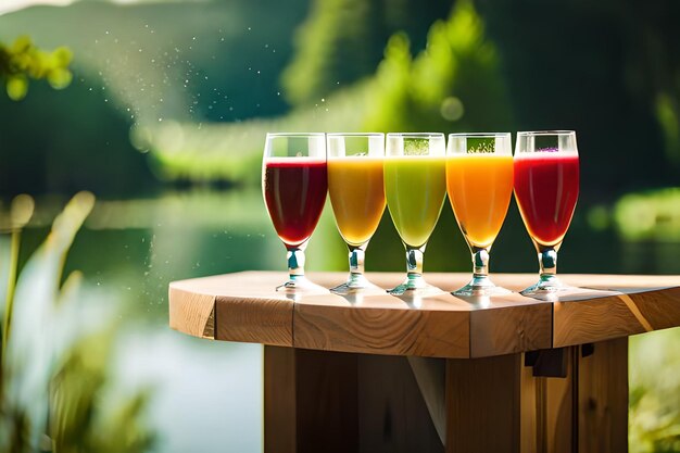 a row of wine glasses with different colored drinks on a table.