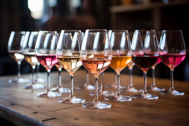 A row of wine glasses with different colored wine in them.