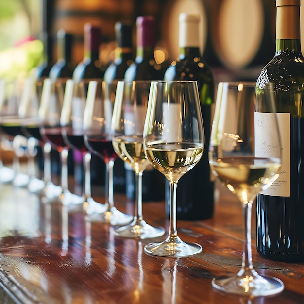 Photo a row of wine glasses with wine in them and a bottle of wine in the middle