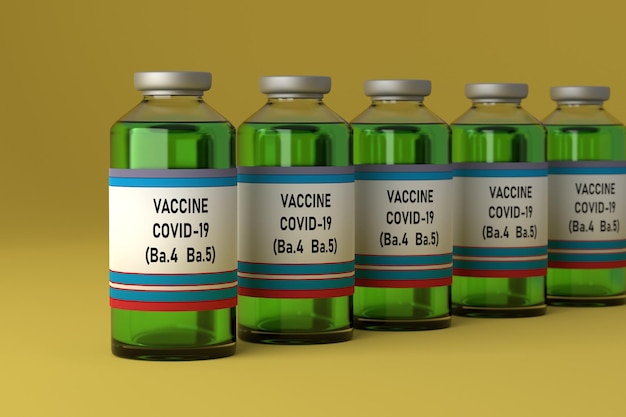 Photo row with coronavirus vaccine the new strain omicron ba yellow background 3d render