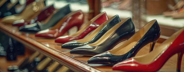 Row of women39s classic high heel stiletto leather shoes on display on the shelf at a store