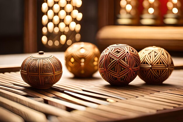 a row of wooden balls with a light behind them.