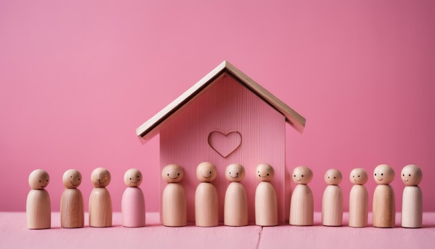 A row of wooden figures in front of a pink house