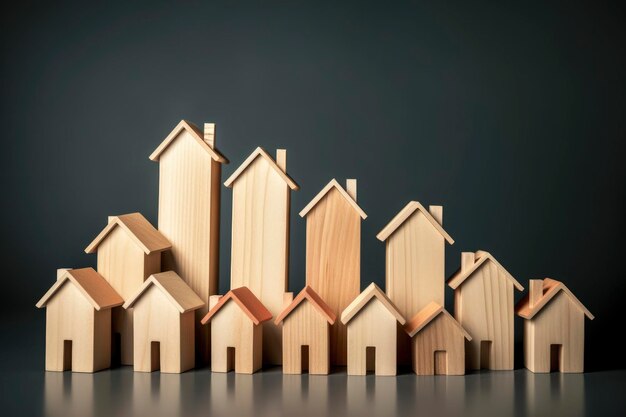 A row of wooden houses with a graph of the city in the background.