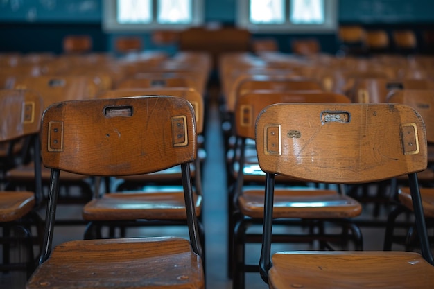 Row of Wooden School Chairs in Classroom