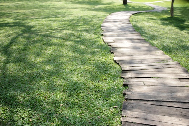 自然の背景を持つ庭の木製の歩道の列