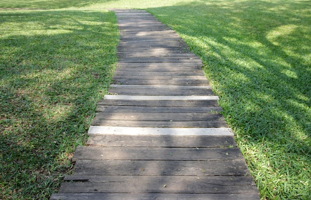 自然の背景を持つ庭の木製の歩道の列