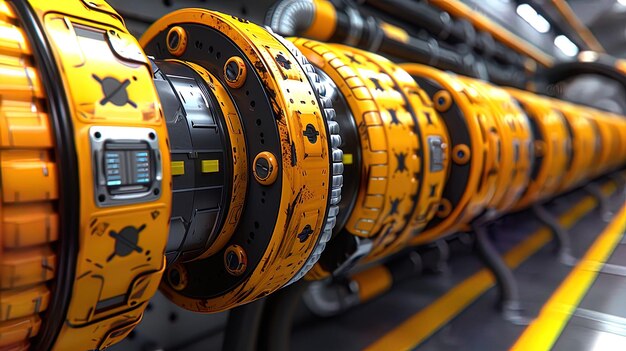 Row of Yellow and Black Machines on Conveyor Belt