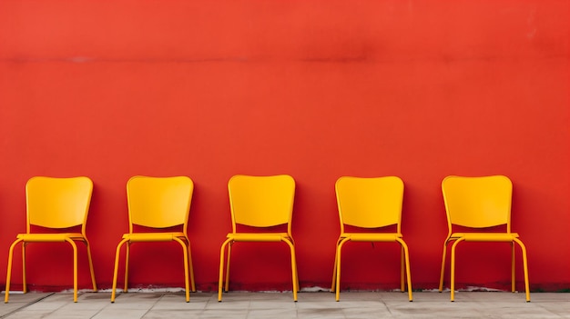 A row of yellow chairs against a red wall