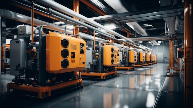 A Row of Yellow Generators Inside a Building