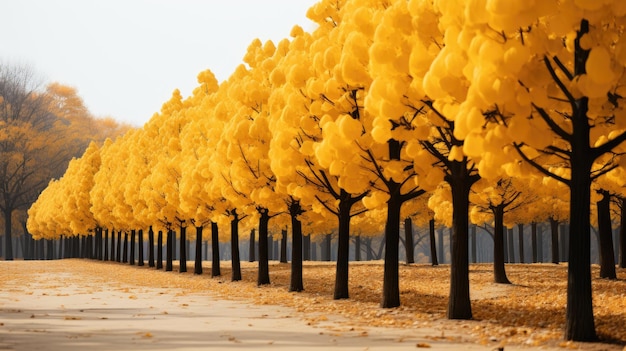 Row of yellow ginkgo tree