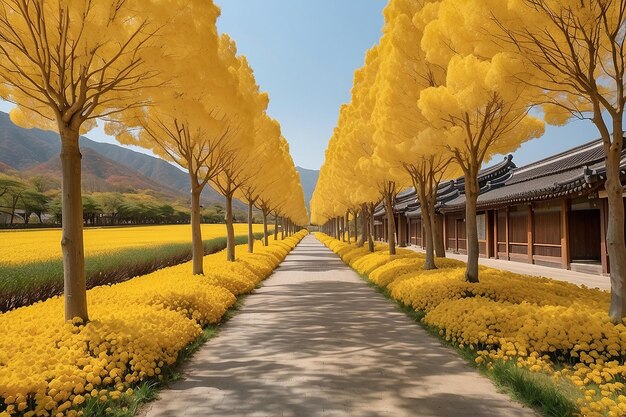 Photo row of yellow ginkgo trees in asan korea