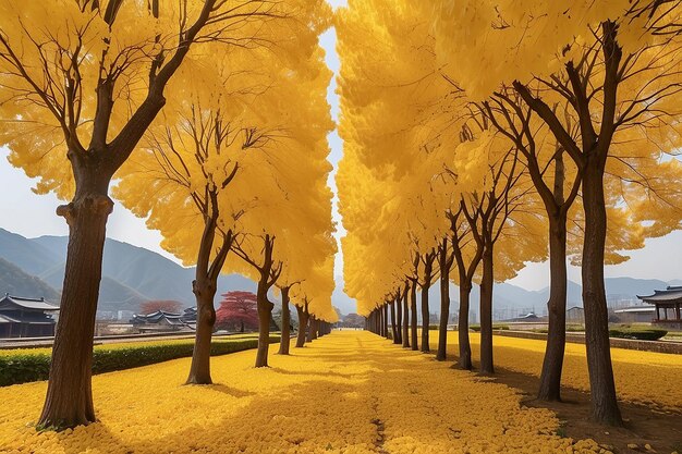 Photo row of yellow ginkgo trees in asan korea