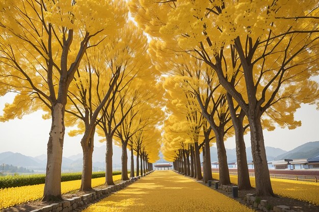 Photo row of yellow ginkgo trees in asan korea