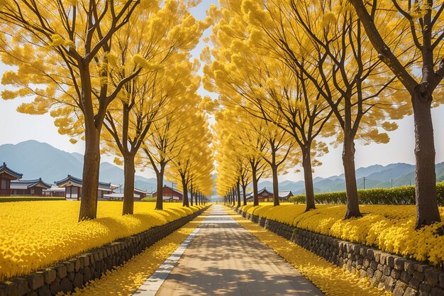 Row of yellow ginkgo trees in asan korea