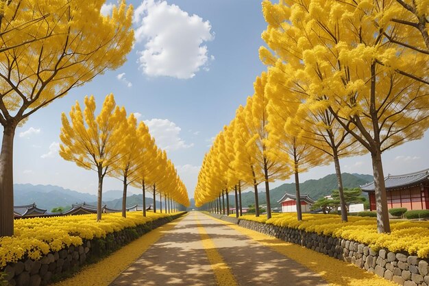 Photo row of yellow ginkgo trees in asan korea