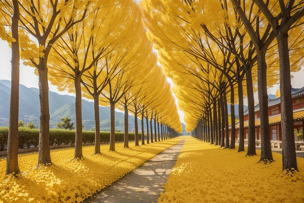 Row of yellow ginkgo trees in asan korea