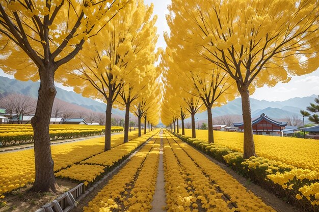 Photo row of yellow ginkgo trees in asan korea