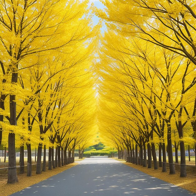 Row of yellow ginkgo trees generated by ai