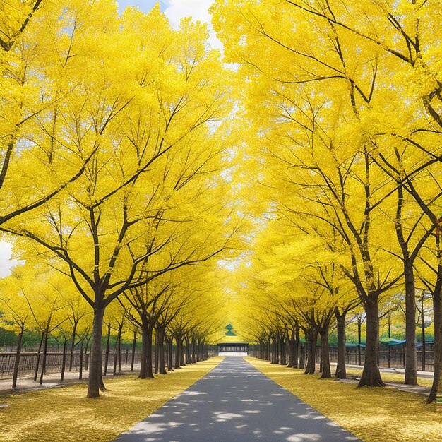 Row of yellow ginkgo trees generated by ai