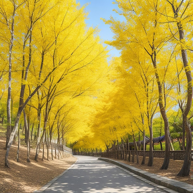 Row of yellow ginkgo trees generated by ai