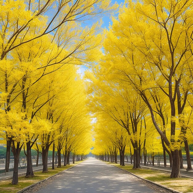 Row of yellow ginkgo trees generated by ai