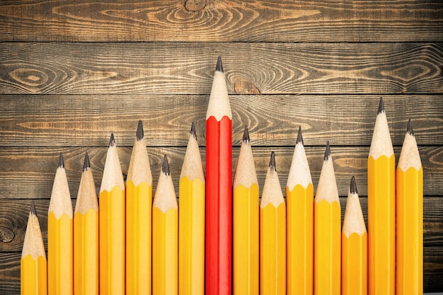 Row of yellow pencils and one red on wooden background