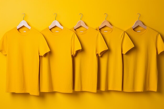 a row of yellow shirts hanging on a yellow wall