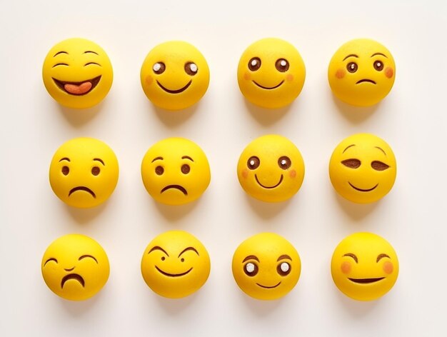 Photo a row of yellow smiley faces with one showing the different expressions.