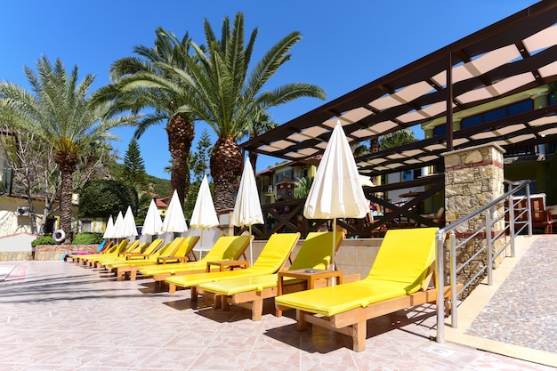 Photo row of yellow sun loungers next to the hotel outdoor pool