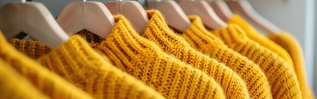 A row of yellow sweaters hanging on a metal rack with a womans hand reaching out to select one