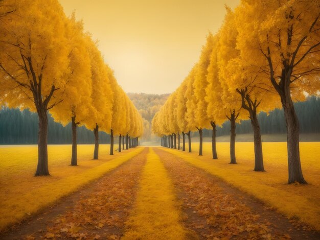Ряд желтых деревьев осенний панорамный рисунок мультяшного фона