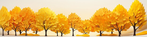 A row of yellow trees on a white background 3d graphics narrow long panorama