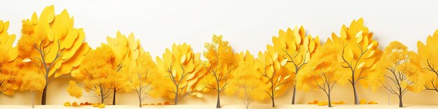 A row of yellow trees on a white background 3d graphics narrow long panorama