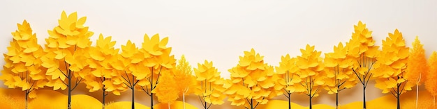 A row of yellow trees on a white background 3d graphics narrow long panorama.