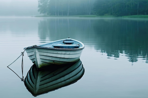 Rowboat on a calm lake reflecting sky on the water