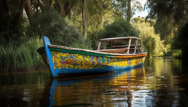 Rowboat glides on tranquil pond surrounded by forest generated by AI