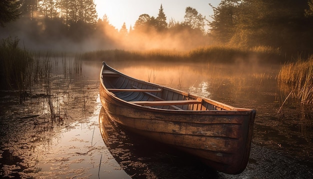 Rowboat glides on tranquil water at sunset generated by AI